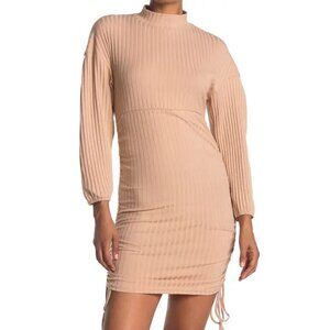 Velvet Torch Women's Khaki Ruched Ribbed Knot Long Sleeve Mini Dress SZ XL